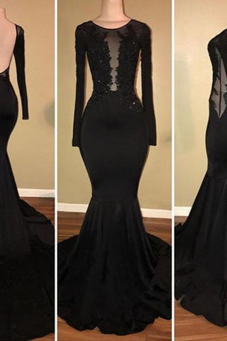 Chic Black Mermaid Formal DressesLong Sleevess With Lace Appliques