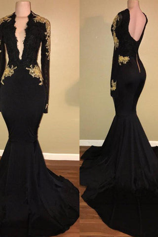 Chic Black prom dress Mermaid Long Sleevess Evening Party Gowns