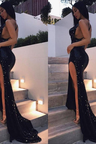 Chic Black Sequins Backless Party Gown Long Split Formal Dresses