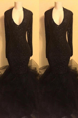 Elegante vestido de graduación negro con lentejuelas, vestidos de fiesta de noche con volantes