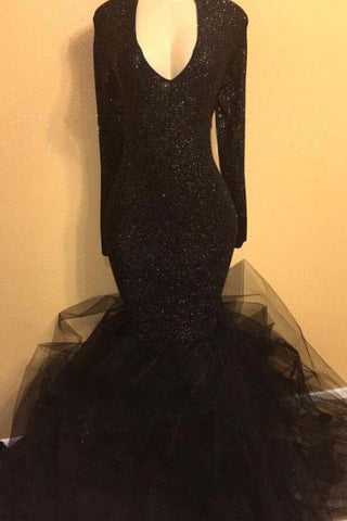 Elegante vestido de graduación negro con lentejuelas, vestidos de fiesta de noche con volantes