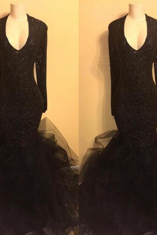Elegante vestido de graduación negro con lentejuelas, vestidos de fiesta de noche con volantes
