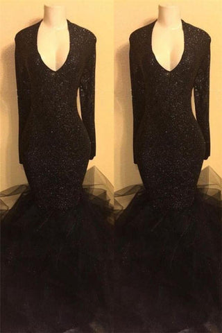 Elegante vestido de graduación negro con lentejuelas, vestidos de fiesta de noche con volantes
