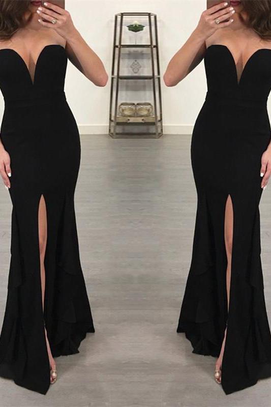 Chic Black Sweetheart Evening Party Gowns New Arrival Mermaid Formal Dresses with Slit
