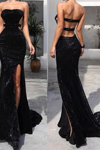 Chic Black Tube Top Sequins Long Prom Dress With Split White Open Back Party Gowns