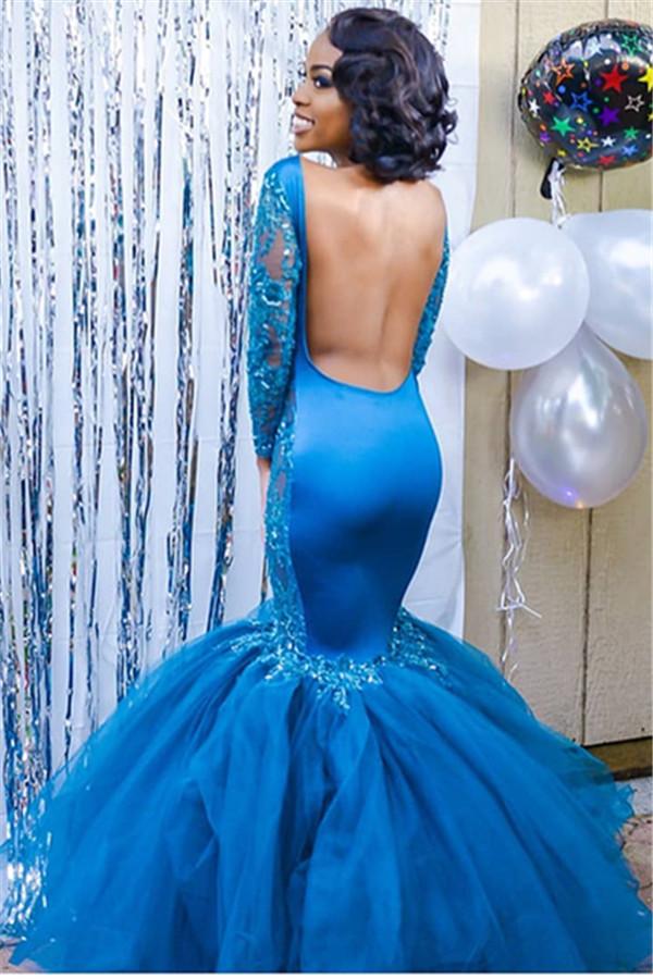 Chic Blue Long Sleeves Lace Prom Dresses Affordable  Fit and Flare Open Back Evening Dresses
