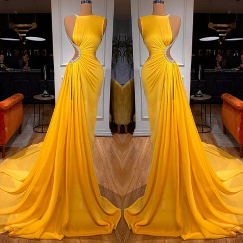 Robe de bal longue jaune vif chic, fente sirène