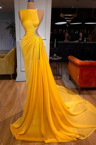 Robe de bal longue jaune vif chic, fente sirène