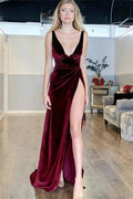 Chic Burgundy Evening Gowns A-Line Sleeveless V-Neck Split Velvet Prom Dresses