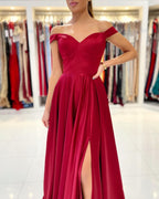 Chic Burgundy Evening Gowns Off-the-Shoulder Prom Dress Long With Split