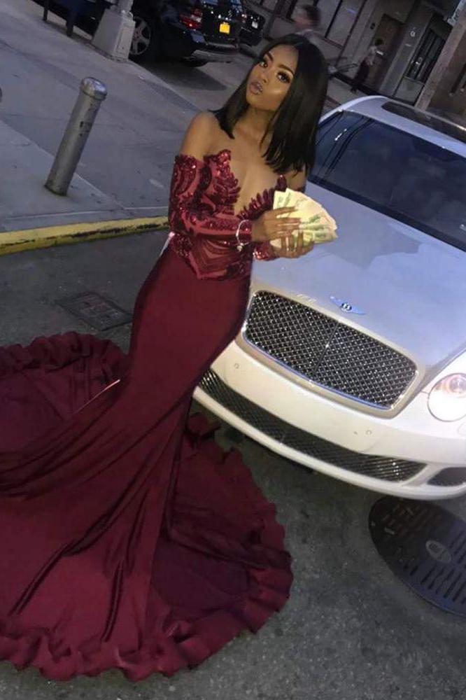 Chic Burgundy Evening Gowns Sequins Mermaid Prom Dresses Long Sleeves Evening Dresses Online