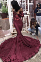 Chic Burgundy Evening Gowns Sequins Mermaid Prom Dresses Long Sleeves Evening Dresses Online