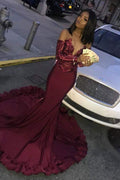 Chic Burgundy Evening Gowns Sequins Mermaid Prom Dresses Long Sleeves Evening Dresses Online