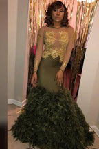Chic Crew Neck Long Sleevess Feather Puffy Train Dark Green Formal Dresses