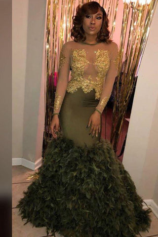 Chic Crew Neck Long Sleevess Feather Puffy Train Dark Green Formal Dresses