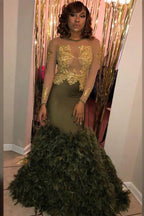 Chic Crew Neck Long Sleevess Feather Puffy Train Dark Green Formal Dresses
