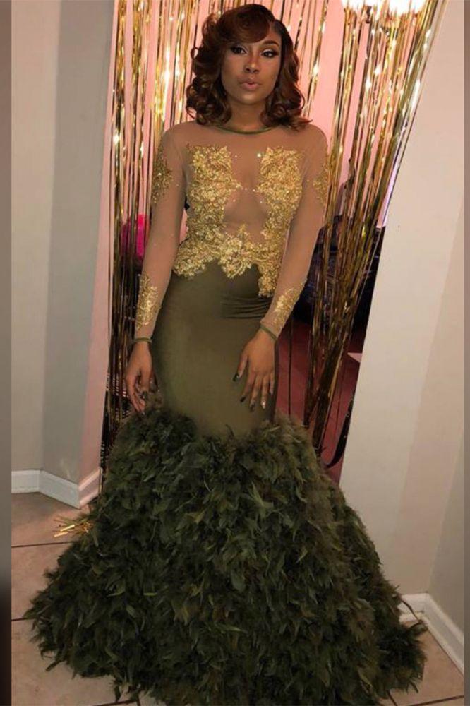 Chic Crew Neck Long Sleevess Feather Puffy Train Dark Green Formal Dresses