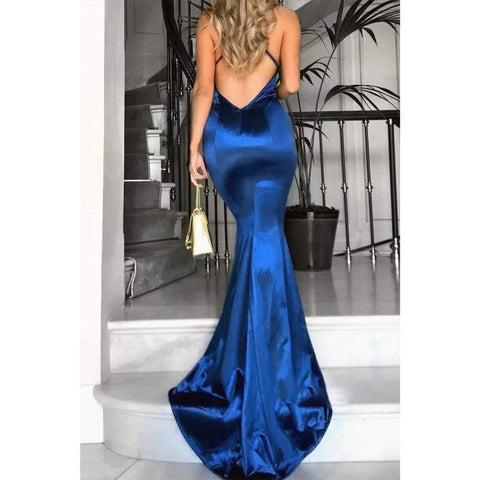Robe de bal sirène bleu roi chic à bretelles croisées 