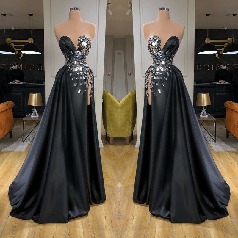 Robe de bal longue chic en cristal avec fente en solde, tailleur cœur