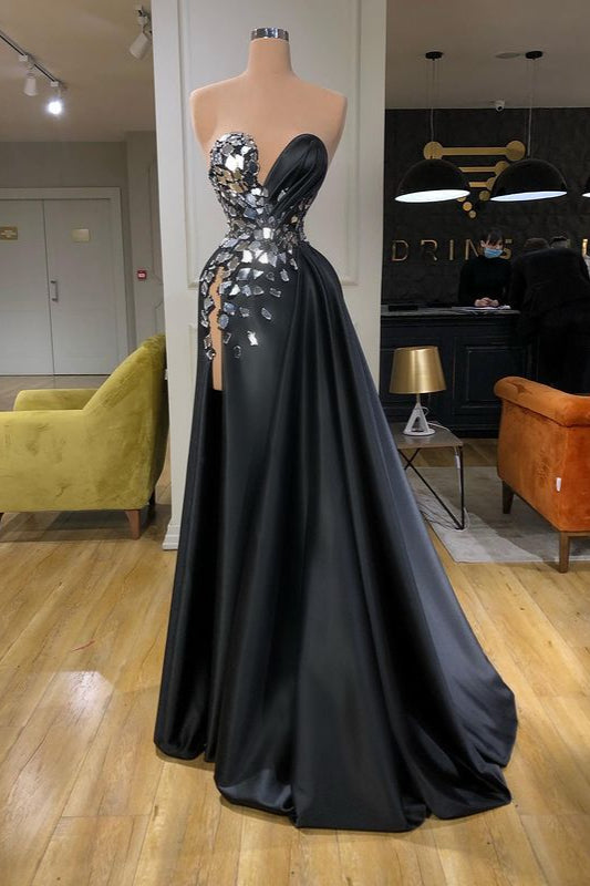 Robe de bal longue chic en cristal avec fente en solde, tailleur cœur
