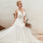 Chic Deep V-Neck White Tulle Princess Open Back Wedding Dress with Court Train