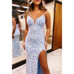 Robe de bal chic et élégante à bretelles spaghetti, col en V, fente fourreau