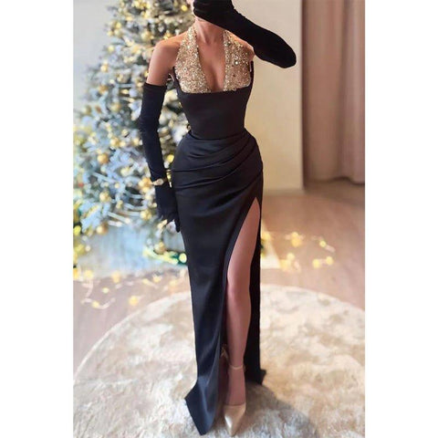Robe de soirée chic ajustée à col licou, plissée empire, avec fente latérale et paillettes 