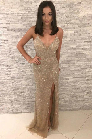 Chic Gold V-Neck Spaghetti-Straps Sheath Gorgeous Sequin Prom Dresses Online