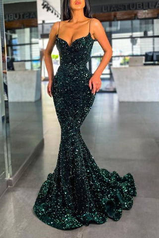 Robe de bal sirène longue à sequins verts chics, bretelles spaghetti