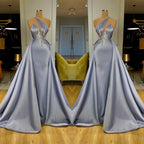 Robe de soirée longue chic à col halter avec jupe amovible et perles