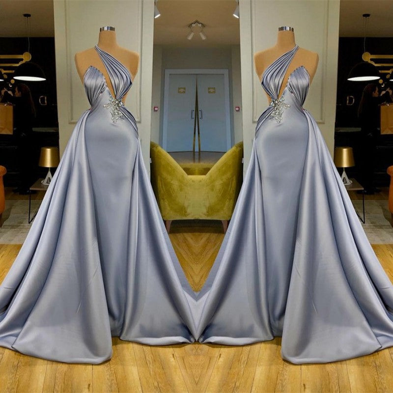 Robe de soirée longue chic à col halter avec jupe amovible et perles