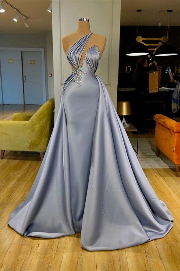 Robe de soirée longue chic à col halter avec jupe amovible et perles