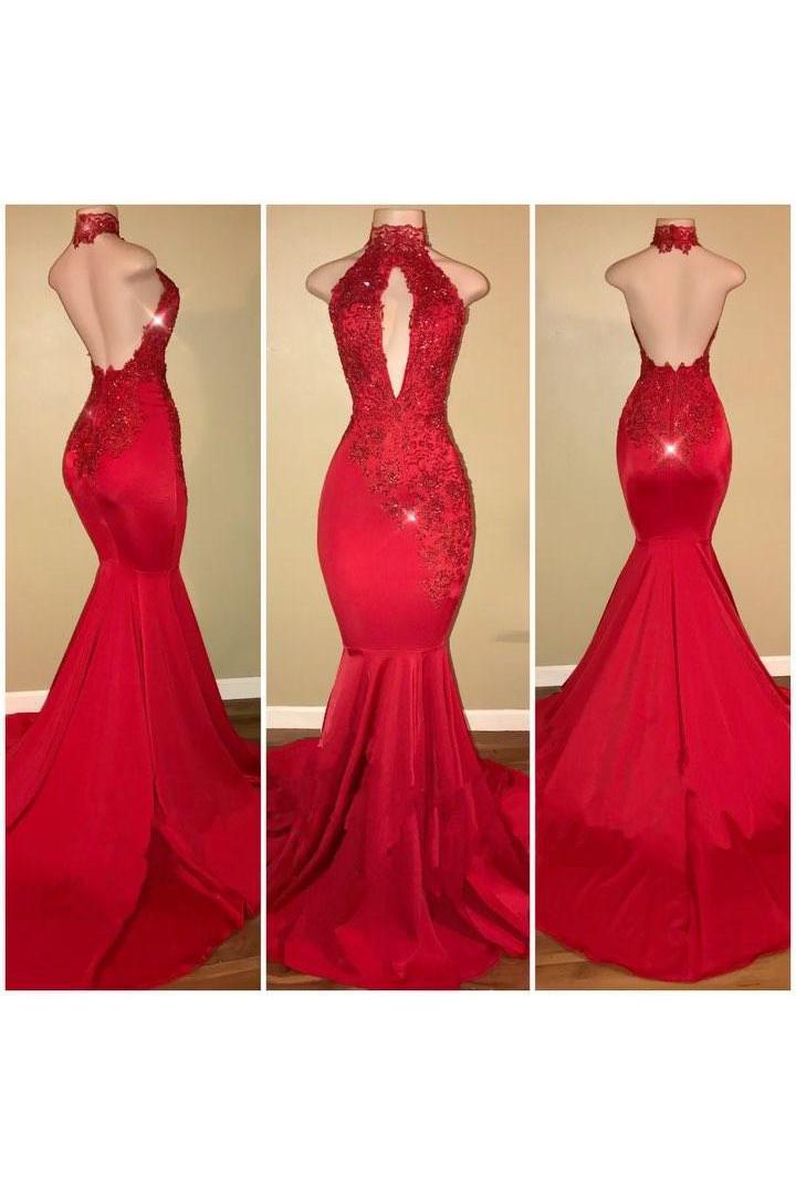 Chic Halter Mermaid Formal DressesLong With Lace Appliques