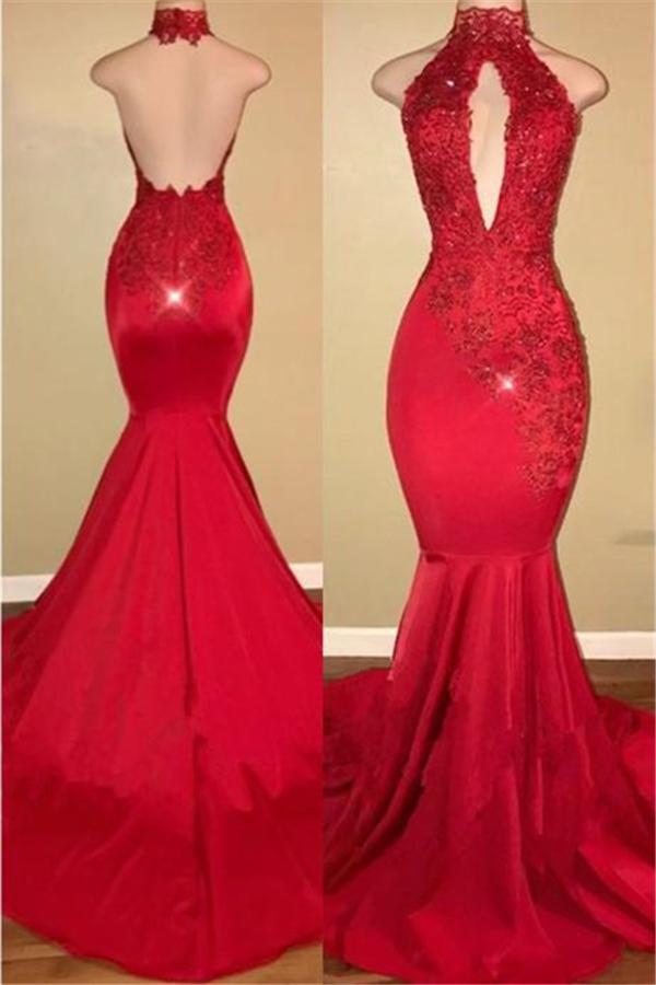 Chic Halter Mermaid Formal DressesLong With Lace Appliques