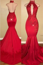 Chic Halter Mermaid Formal DressesLong With Lace Appliques