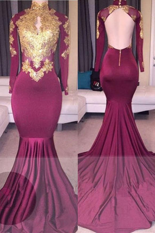 Vestidos de fiesta elegantes de cuello alto, manga larga, apliques dorados y espalda descubierta