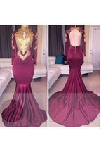Chic High-Neck Long Sleeves Gold-Appliques Backless Prom Dresses