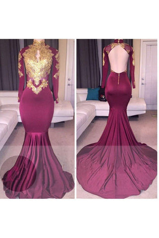 Vestidos de fiesta elegantes de cuello alto, manga larga, apliques dorados y espalda descubierta