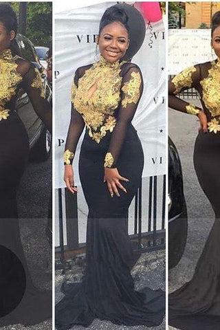 Vestidos de fiesta elegantes de cuello alto, manga larga, apliques dorados y espalda descubierta