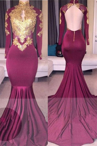Vestidos de fiesta elegantes de cuello alto, manga larga, apliques dorados y espalda descubierta