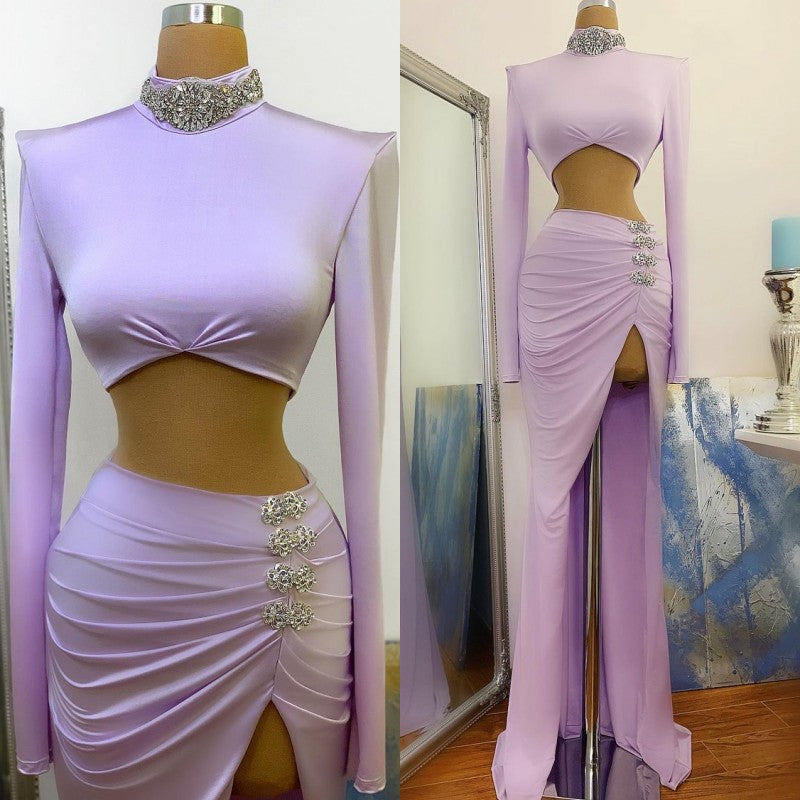 Robe de bal chic fendue haute, col montant sirène, manches longues, en solde