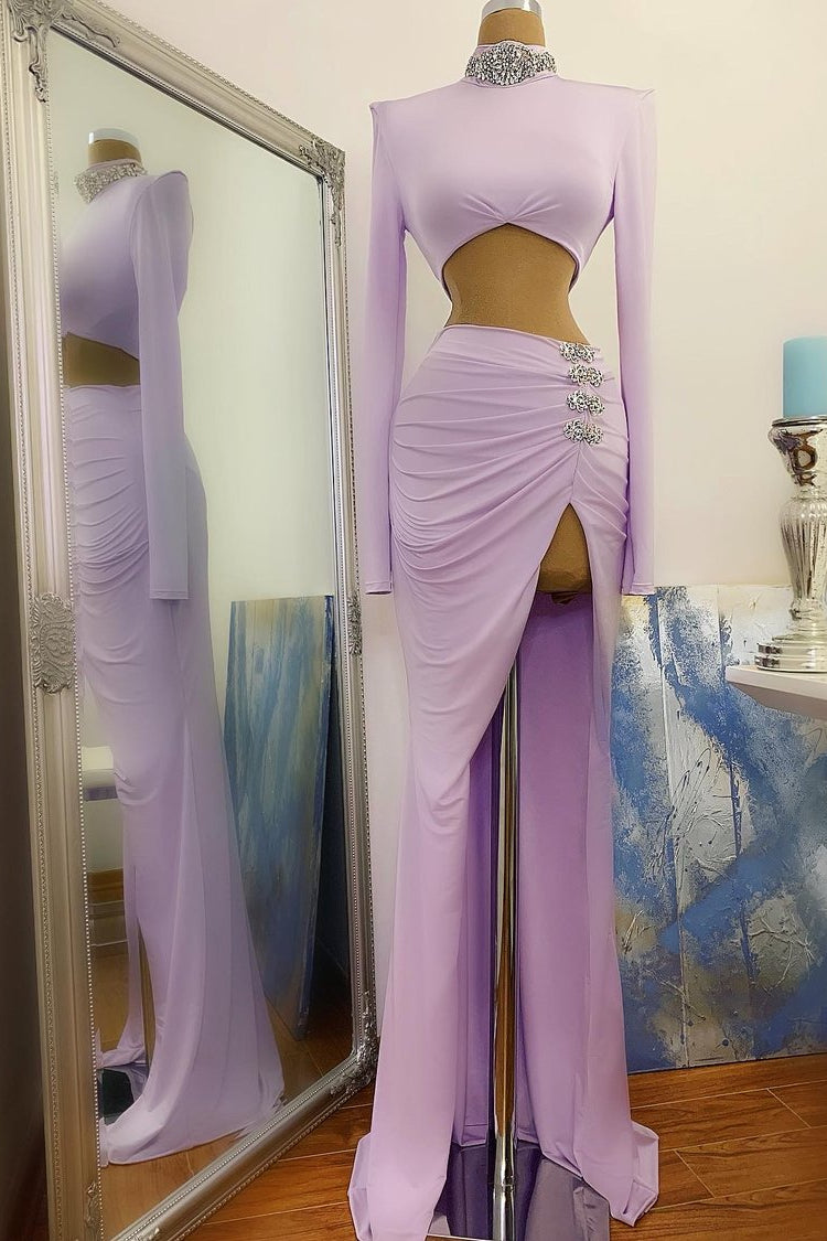 Robe de bal chic fendue haute, col montant sirène, manches longues, en solde