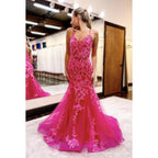 Chic Lace Applique V-neck Straps Mermaid Evening Party Prom Dress