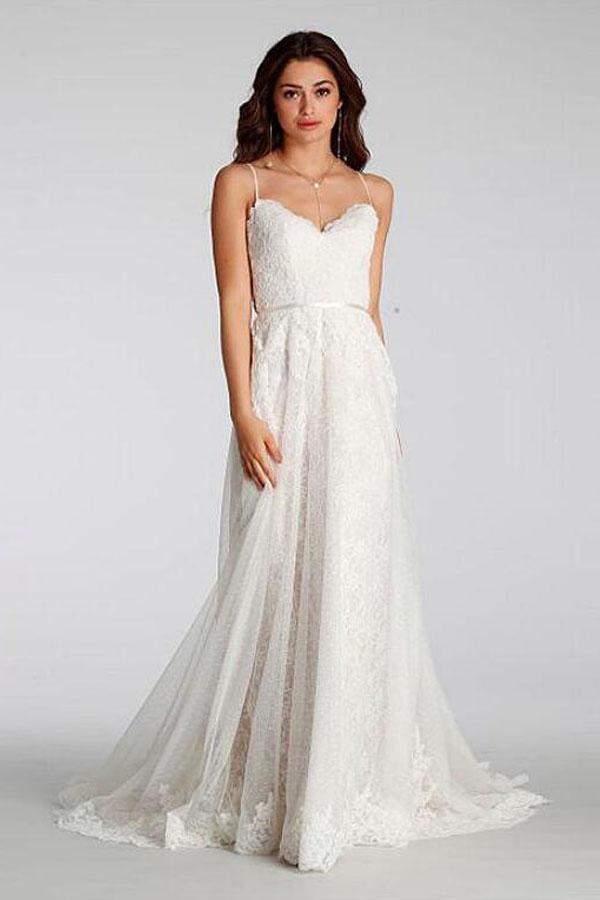 Robes de mariée longues à fines bretelles en dentelle chic pour la plage
