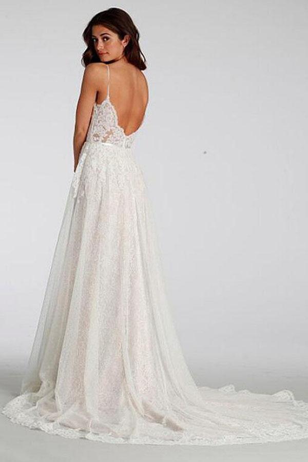 Robes de mariée longues à fines bretelles en dentelle chic pour la plage