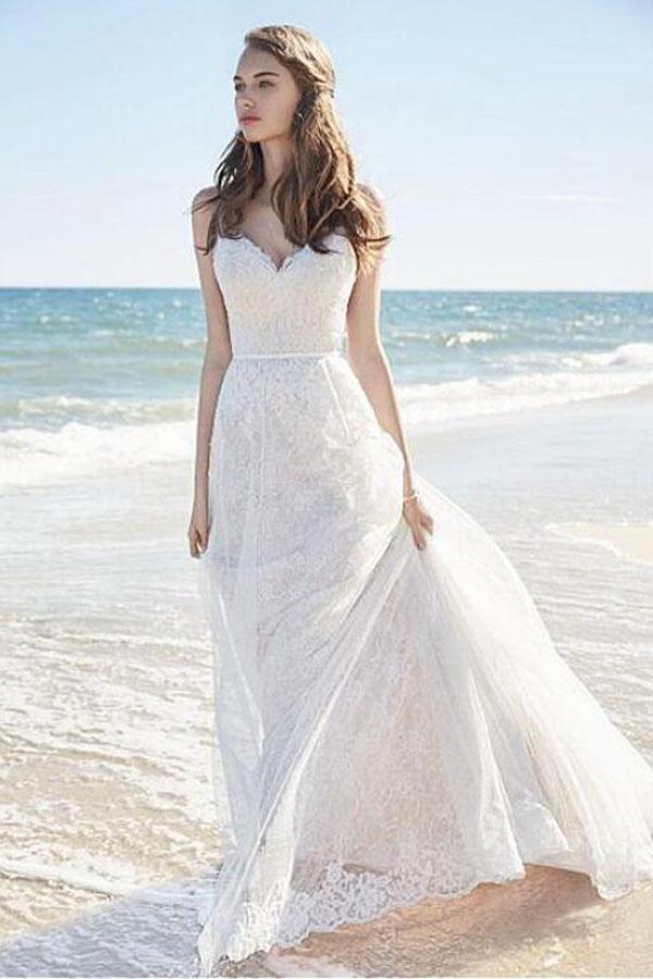 Robes de mariée longues à fines bretelles en dentelle chic pour la plage