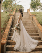 Chic Long A-line Sleeveless Flowers Backless Wedding Dress With Lace