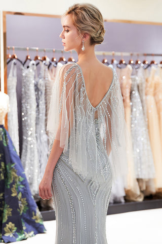 Robe de bal longue sirène chic en tulle ornée de perles et de bijoux, avec manches