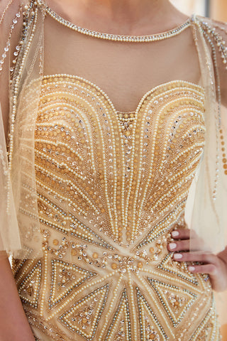 Robe de bal longue sirène chic en tulle ornée de perles et de bijoux, avec manches