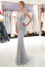 Chic Long Mermaid Jewel Tulle Beading Prom Dress with Sleeves